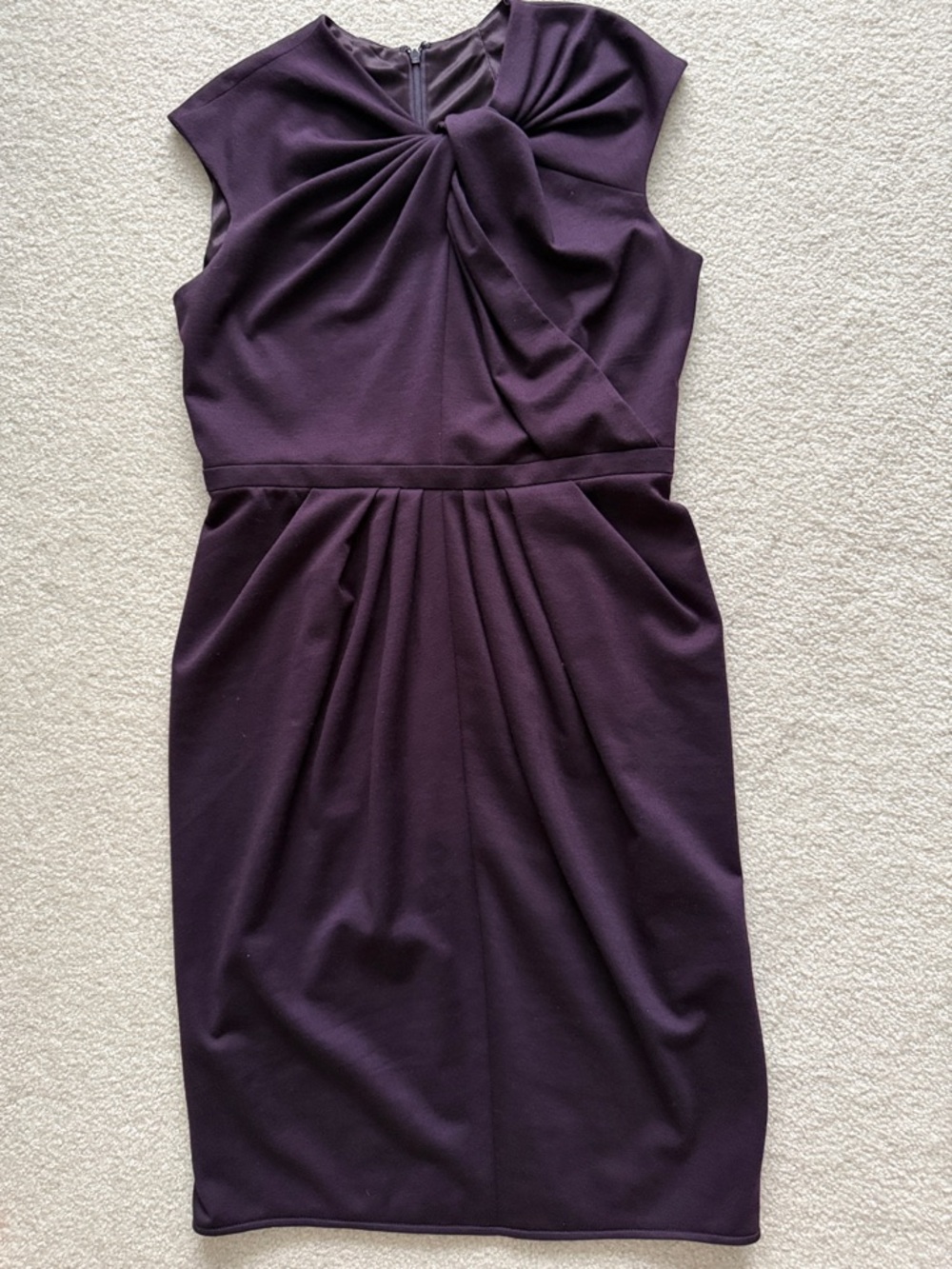 Plum Ponte Sheath Dress Twist Neck Cap Sleeve Lined Size 10 Elegant